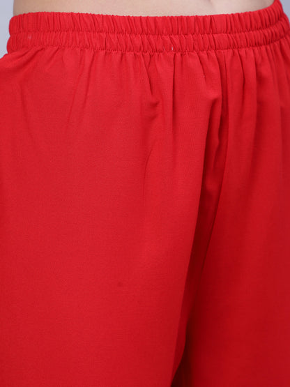 Women's Red Embroidered Straight Kurta With Trouser And Net Dupatta