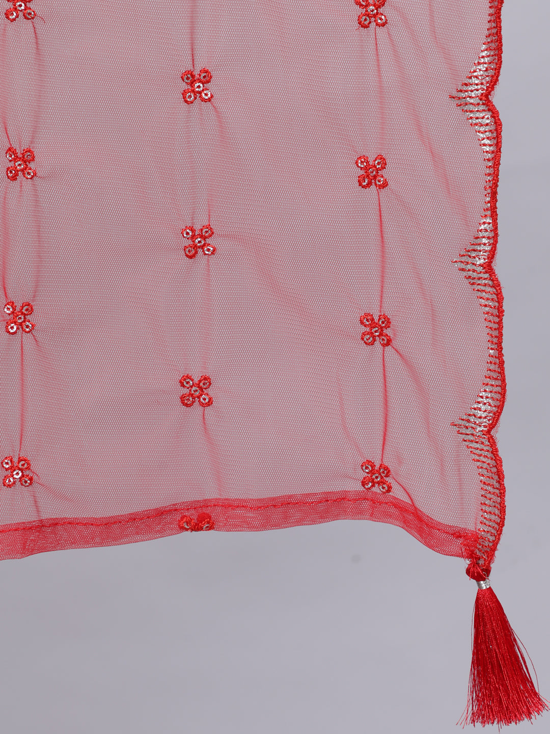 Women's Red Embroidered Straight Kurta With Trouser And Net Dupatta