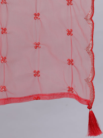 Women's Red Embroidered Straight Kurta With Trouser And Net Dupatta