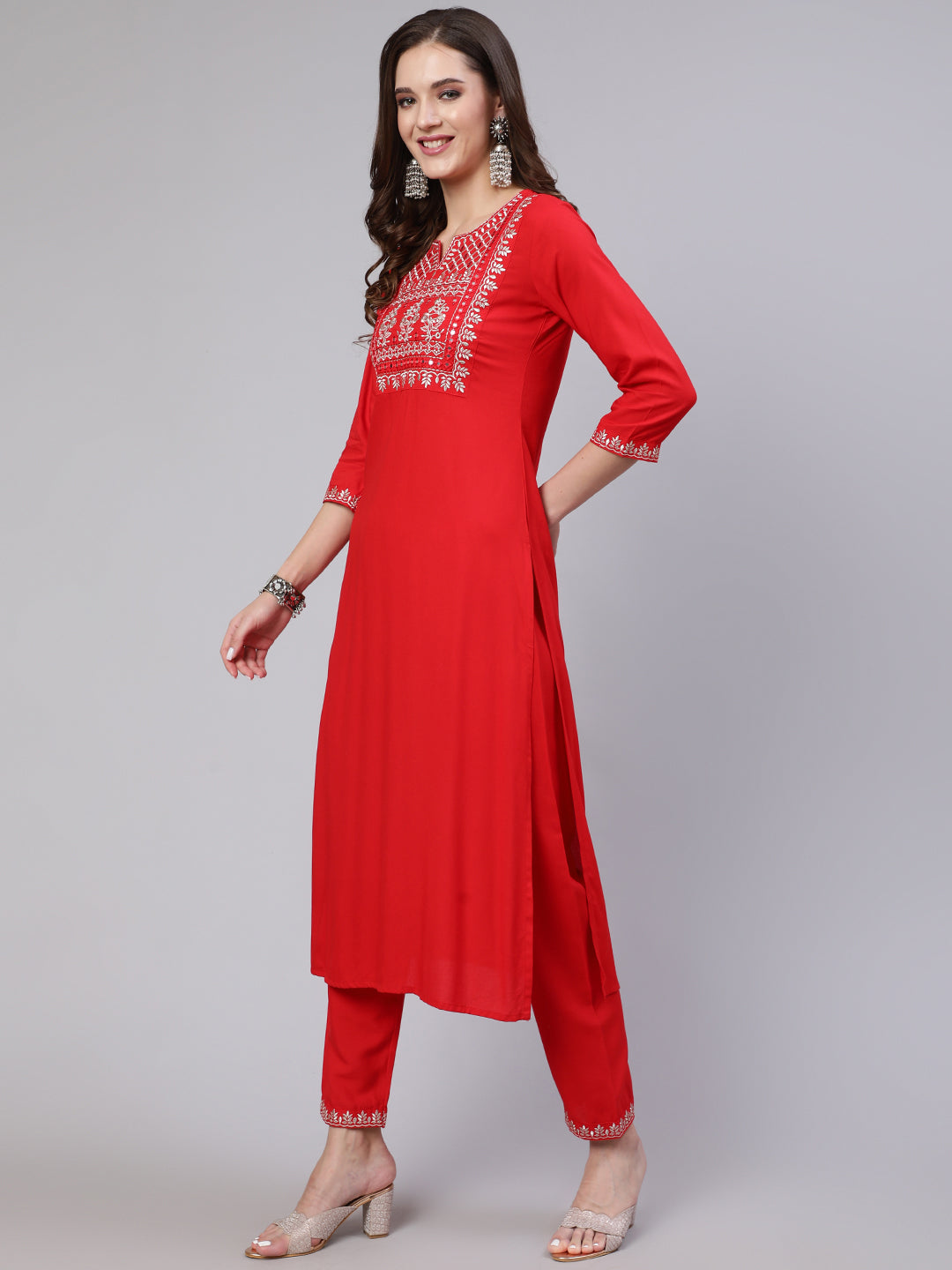 Women's Red Embroidered Straight Kurta With Trouser And Net Dupatta