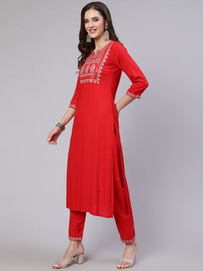 Women's Red Embroidered Straight Kurta With Trouser And Net Dupatta