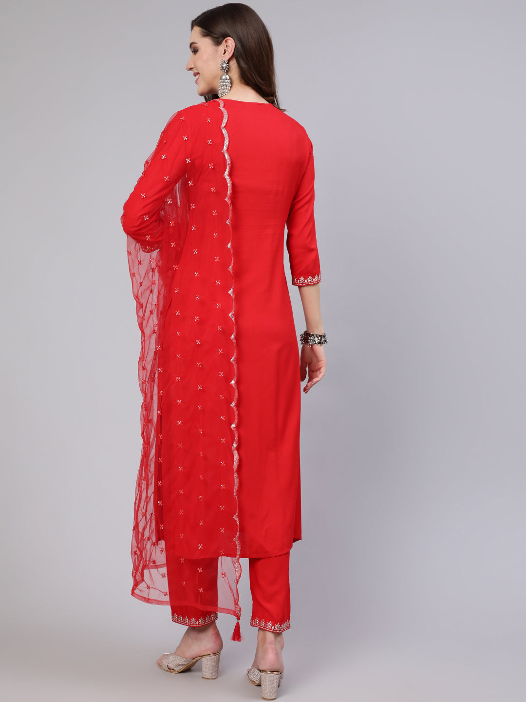 Women's Red Embroidered Straight Kurta With Trouser And Net Dupatta