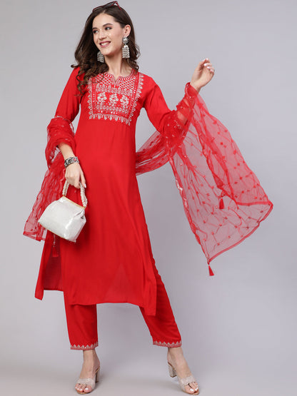 Women's Red Embroidered Straight Kurta With Trouser And Net Dupatta