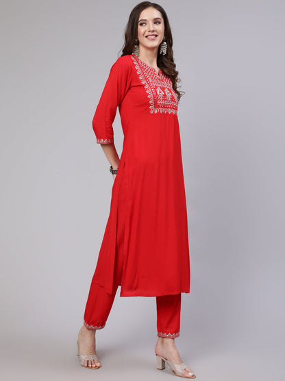 Women's Red Embroidered Straight Kurta With Trouser And Net Dupatta