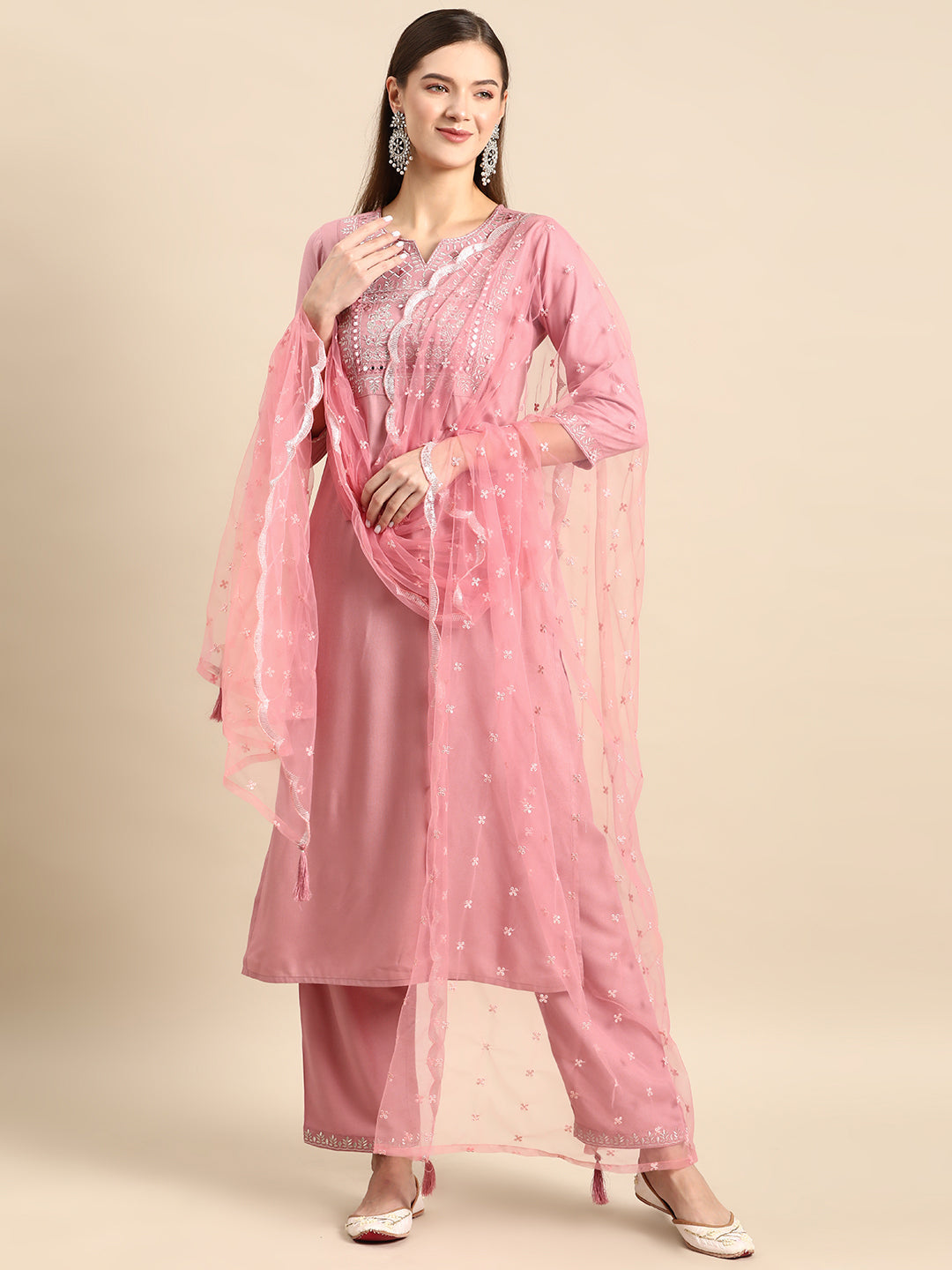 Women's Mauve Embroidered Straight Kurta With Palazzo And Net Dupatta