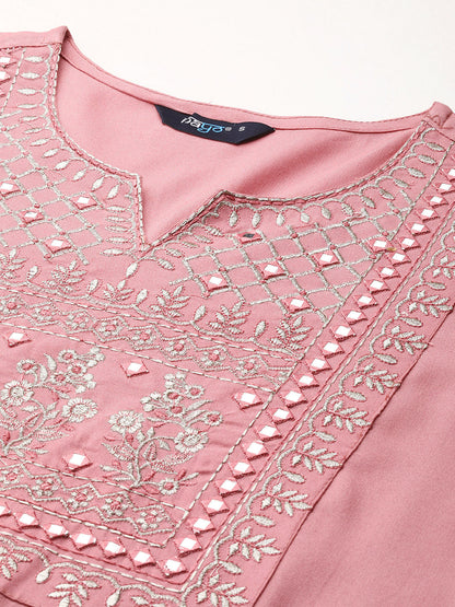 Women's Mauve Embroidered Straight Kurta With Palazzo And Net Dupatta