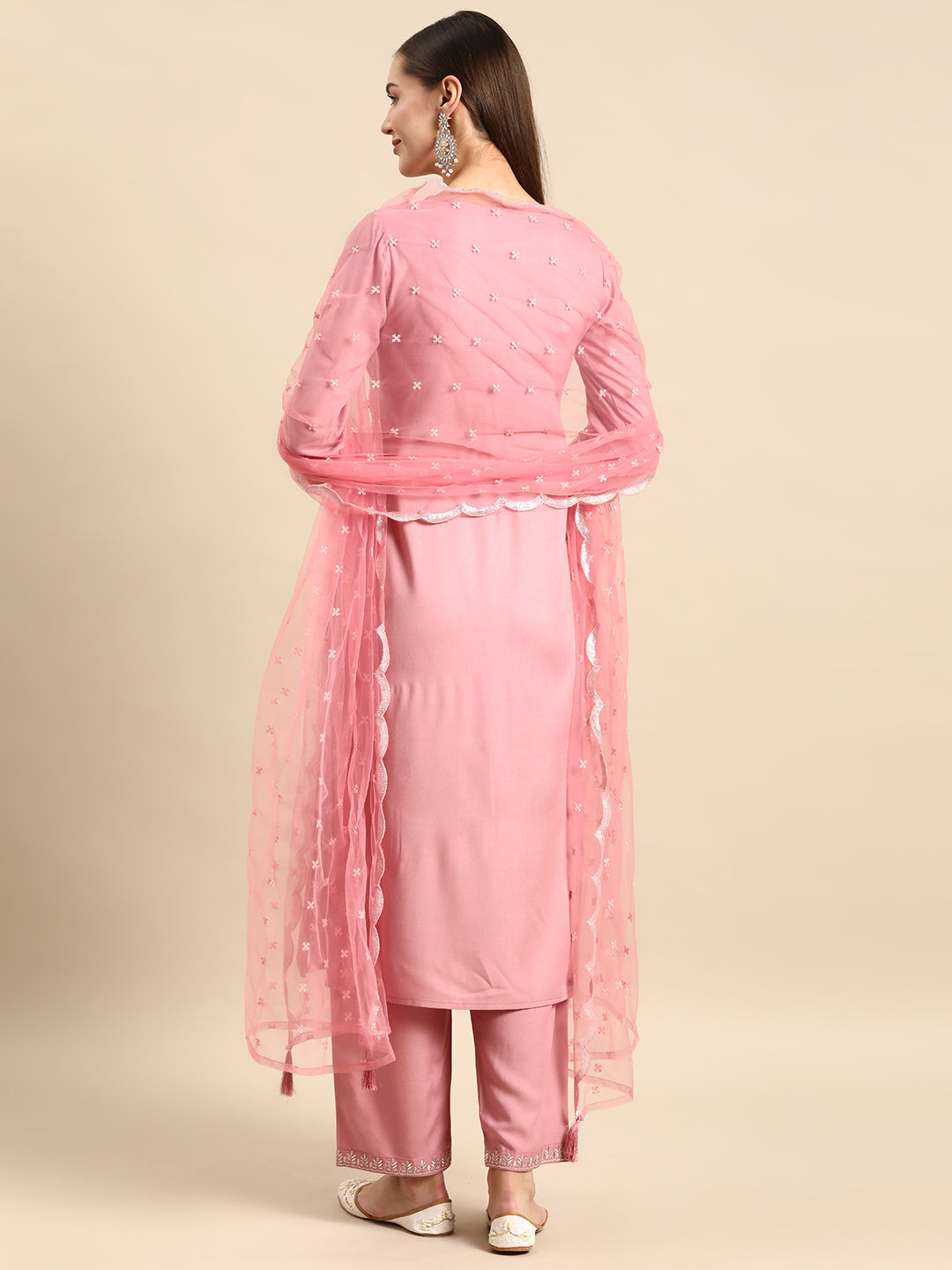 Women's Mauve Embroidered Straight Kurta With Palazzo And Net Dupatta