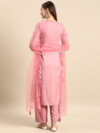 Women's Mauve Embroidered Straight Kurta With Palazzo And Net Dupatta