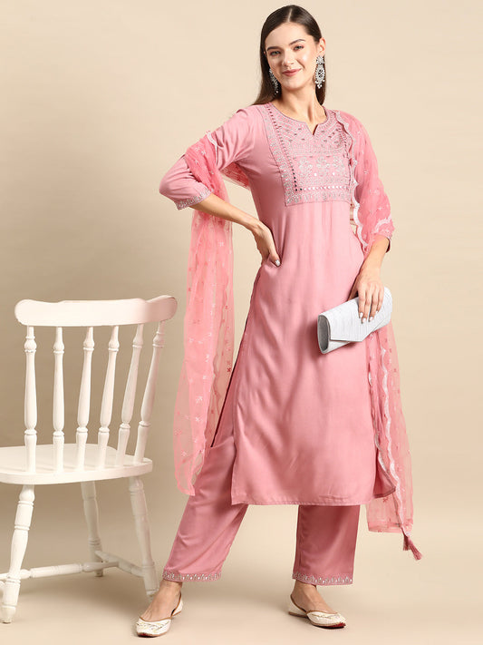 Women's Mauve Embroidered Straight Kurta With Palazzo And Net Dupatta