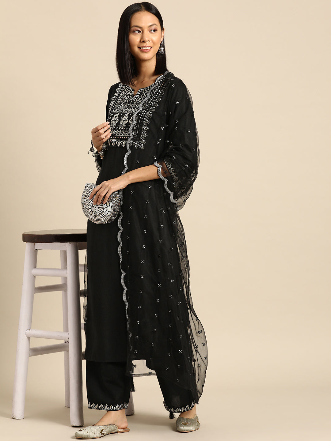 Women's Black Embroidered Straight Kurta With Palazzo And Net Dupatta
