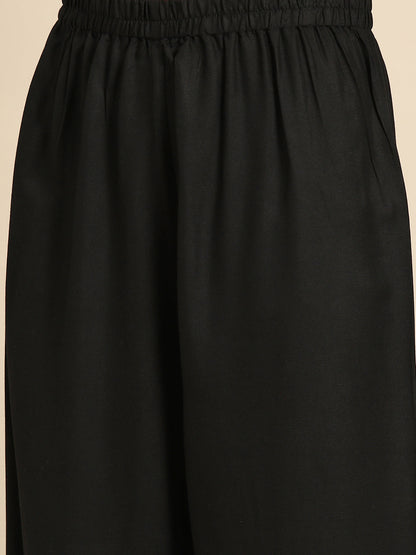 Women's Black Embroidered Straight Kurta With Palazzo And Net Dupatta