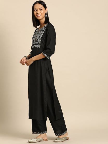 Women's Black Embroidered Straight Kurta With Palazzo And Net Dupatta