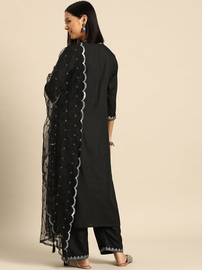 Women's Black Embroidered Straight Kurta With Palazzo And Net Dupatta