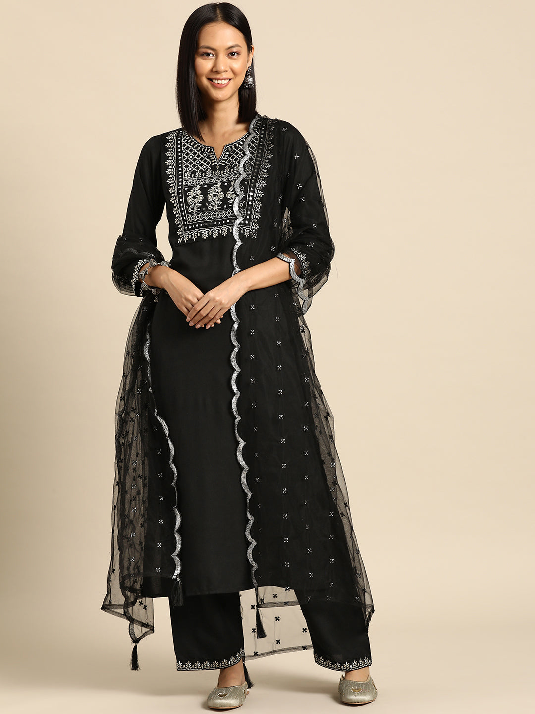 Women's Black Embroidered Straight Kurta With Palazzo And Net Dupatta