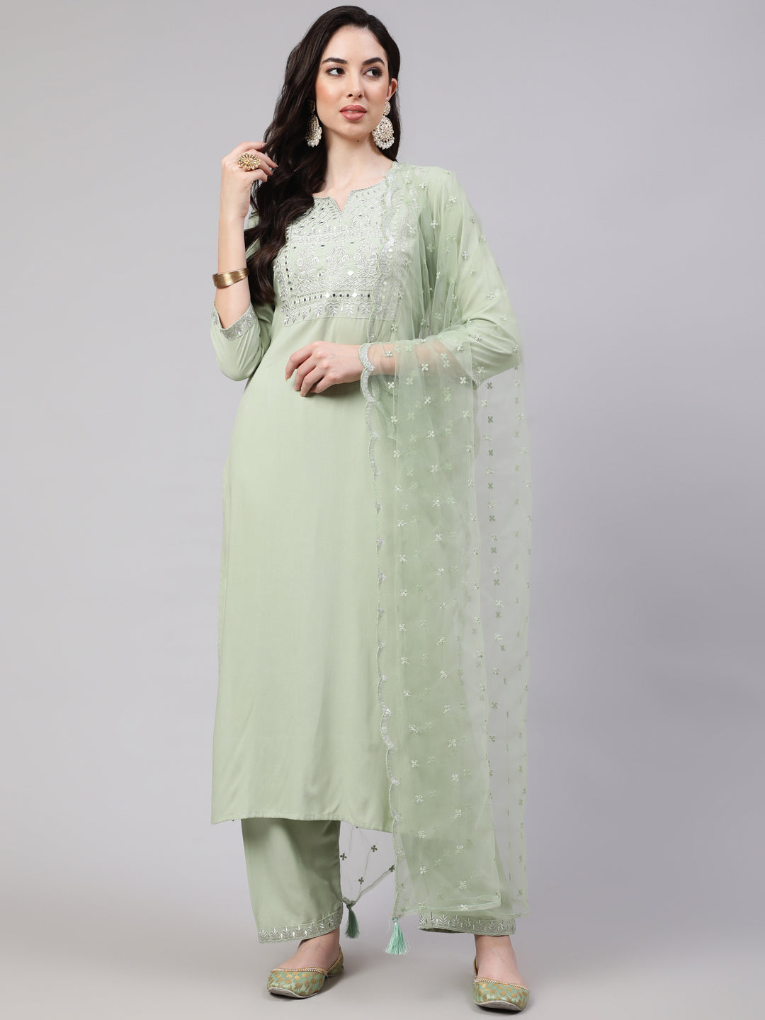 Women's Green Embroidered Straight Kurta With Palazzo And Dupatta