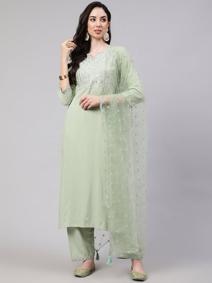 Women's Green Embroidered Straight Kurta With Palazzo And Dupatta