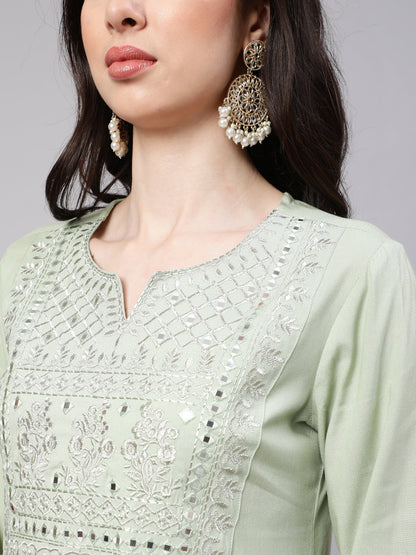 Women's Green Embroidered Straight Kurta With Palazzo And Dupatta