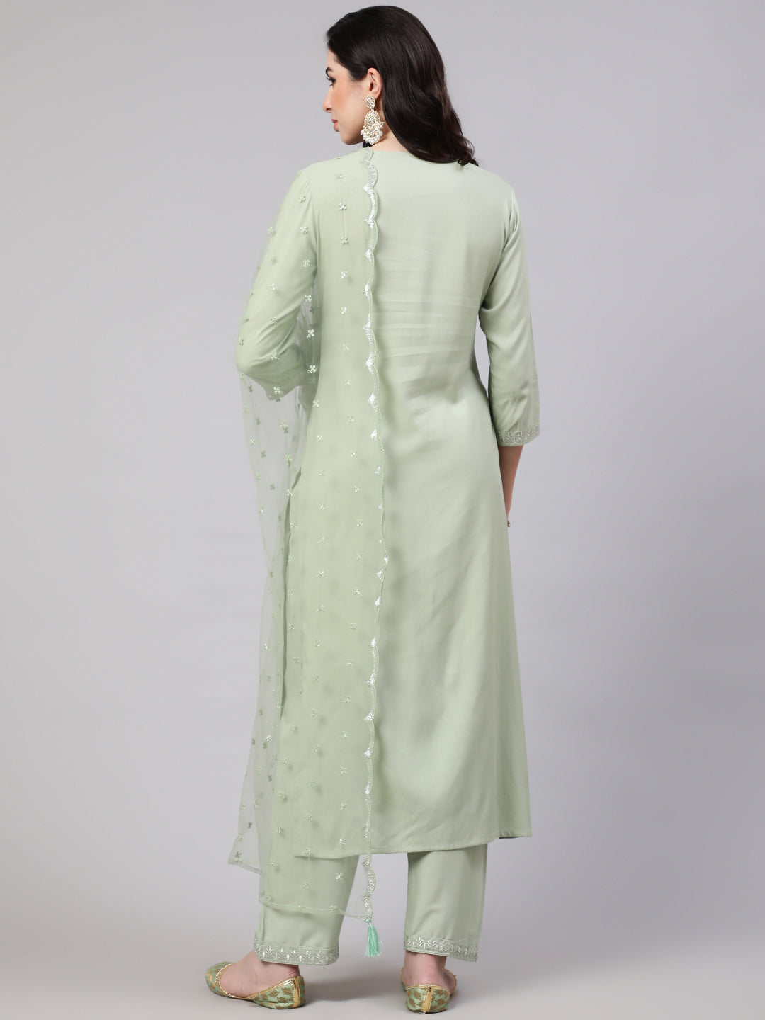 Women's Green Embroidered Straight Kurta With Palazzo And Dupatta