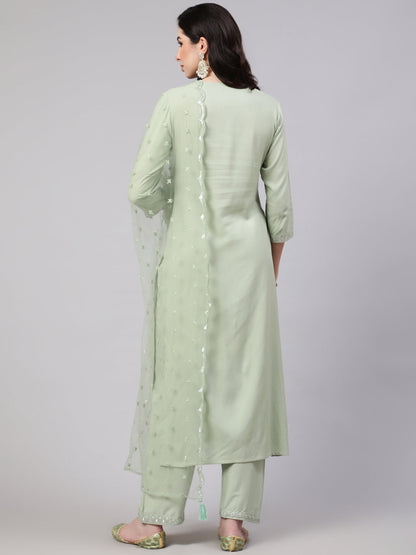Women's Green Embroidered Straight Kurta With Palazzo And Dupatta