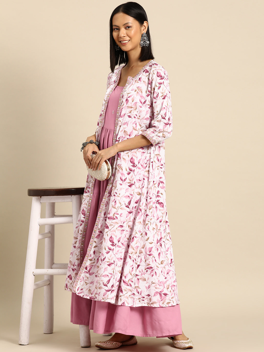 Women's Pink Embroidered Flared Dress With Prinrted Jacket