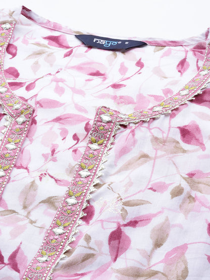 Women's Pink Embroidered Flared Dress With Prinrted Jacket