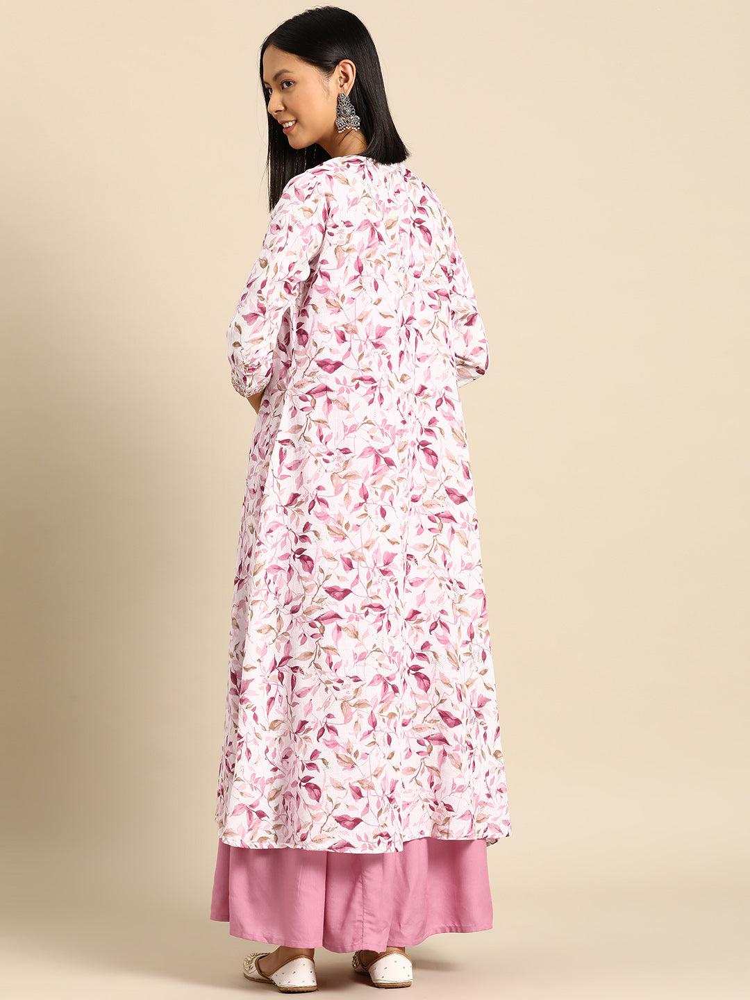 Women's Pink Embroidered Flared Dress With Prinrted Jacket