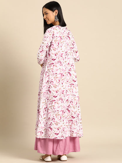 Women's Pink Embroidered Flared Dress With Prinrted Jacket