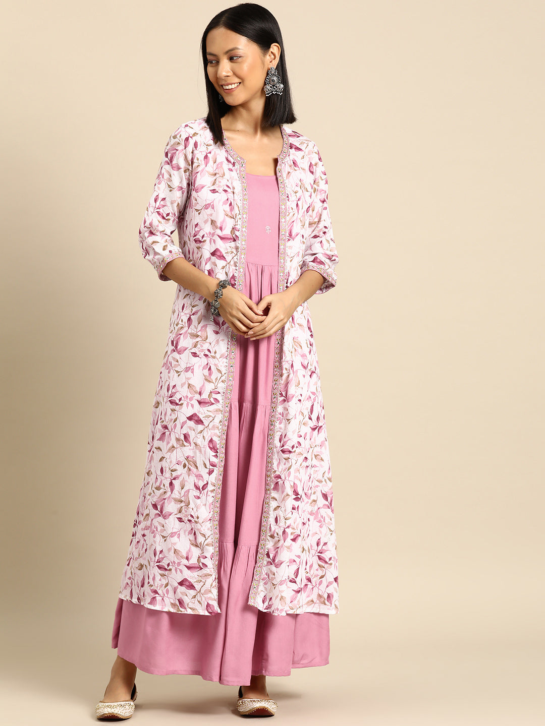 Women's Pink Embroidered Flared Dress With Prinrted Jacket