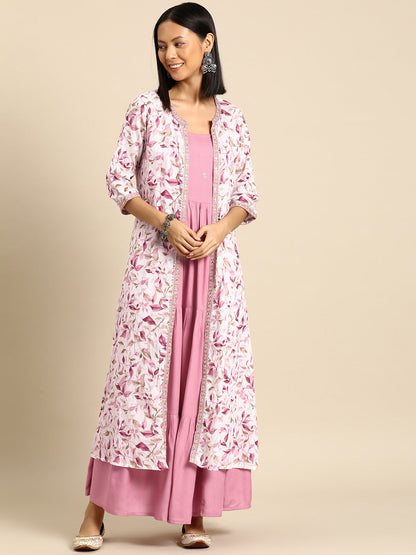 Women's Pink Embroidered Flared Dress With Prinrted Jacket