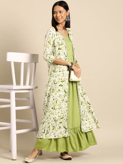 Women's Green Embroidered Flared Dress With Prinrted Jacket