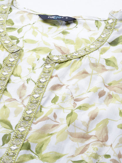 Women's Green Embroidered Flared Dress With Prinrted Jacket