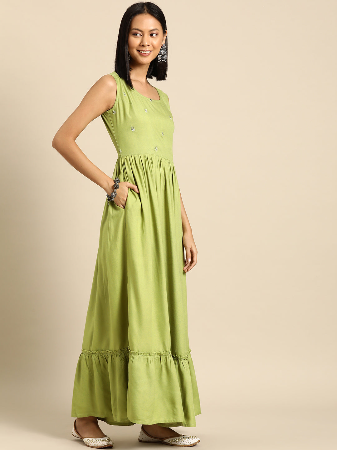 Women's Green Embroidered Flared Dress With Prinrted Jacket