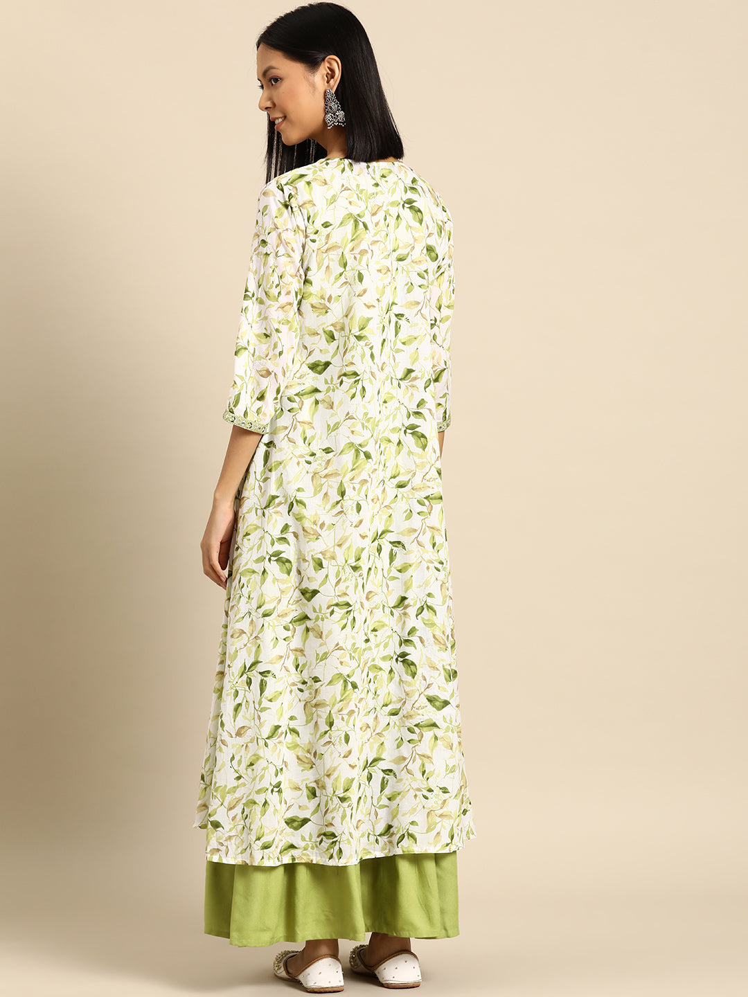 Women's Green Embroidered Flared Dress With Prinrted Jacket