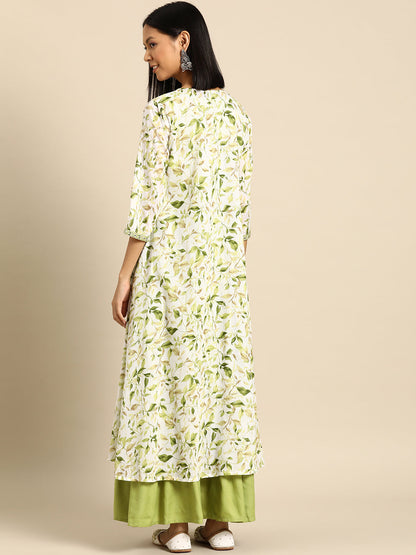 Women's Green Embroidered Flared Dress With Prinrted Jacket
