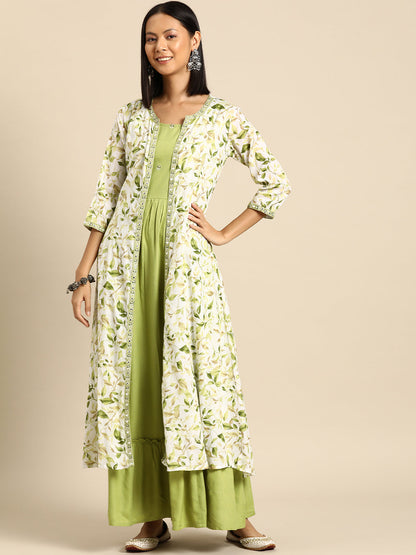 Women's Green Embroidered Flared Dress With Prinrted Jacket