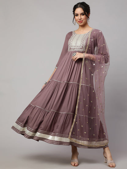 Women's Wome Taupe Embroidered Flared Dress With Net Dupatta