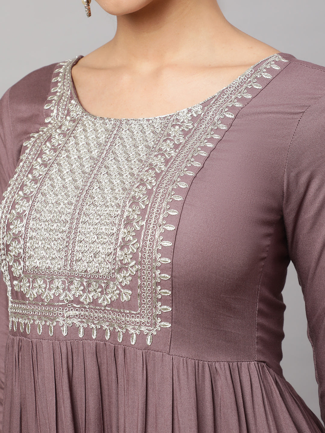 Women's Wome Taupe Embroidered Flared Dress With Net Dupatta