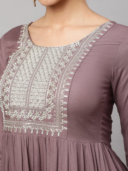 Women's Wome Taupe Embroidered Flared Dress With Net Dupatta