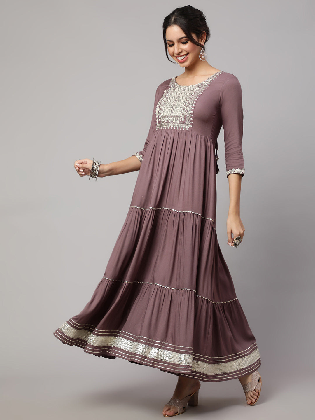 Women's Wome Taupe Embroidered Flared Dress With Net Dupatta