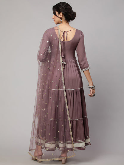 Women's Wome Taupe Embroidered Flared Dress With Net Dupatta