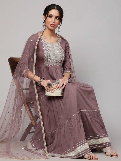 Women's Wome Taupe Embroidered Flared Dress With Net Dupatta