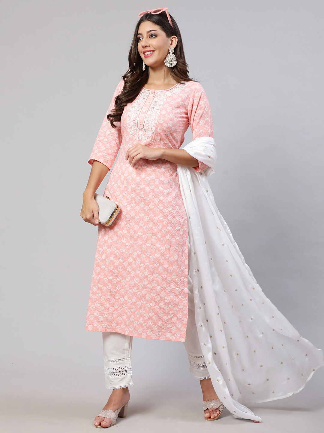 Women's Pink Embroidered Straight Kurta With Trouser And Dupatta
