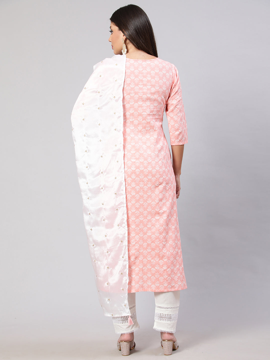 Women's Pink Embroidered Straight Kurta With Trouser And Dupatta