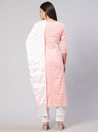 Women's Pink Embroidered Straight Kurta With Trouser And Dupatta