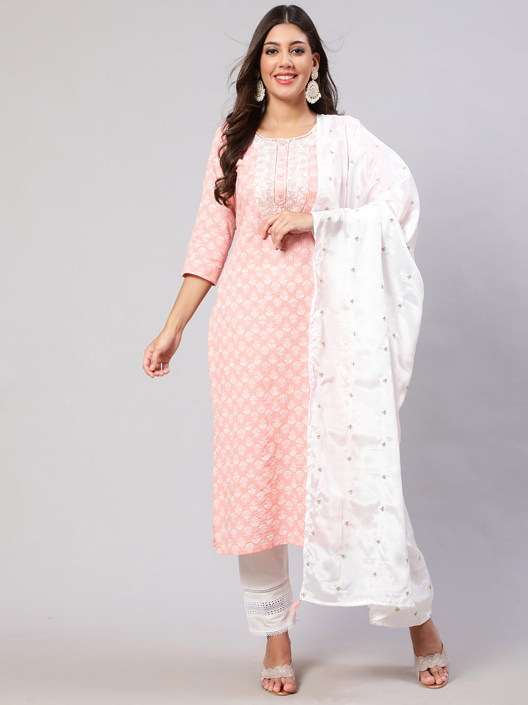 Women's Pink Embroidered Straight Kurta With Trouser And Dupatta