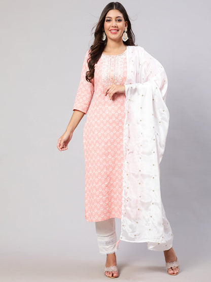 Women's Pink Embroidered Straight Kurta With Trouser And Dupatta