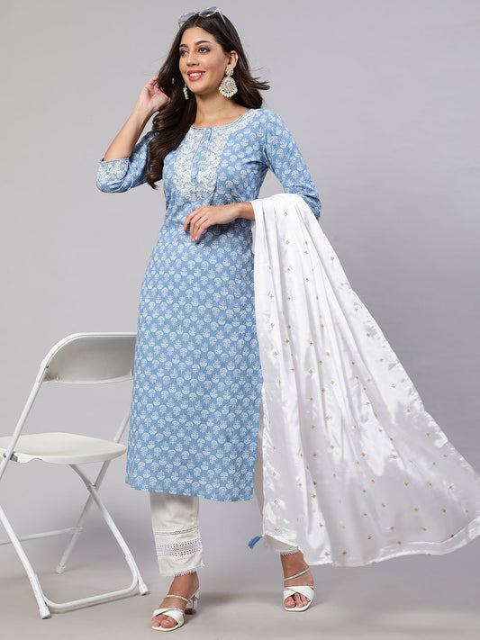 Women's Blue Embroidered Straight Kurta With Trouser And Dupatta