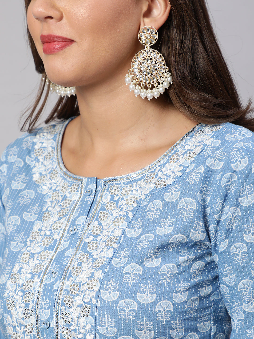 Women's Blue Embroidered Straight Kurta With Trouser And Dupatta