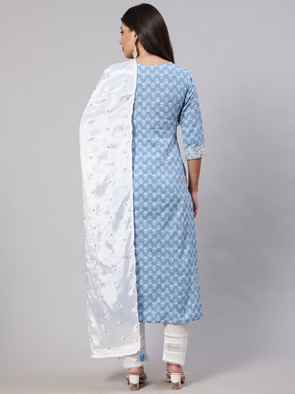 Women's Blue Embroidered Straight Kurta With Trouser And Dupatta