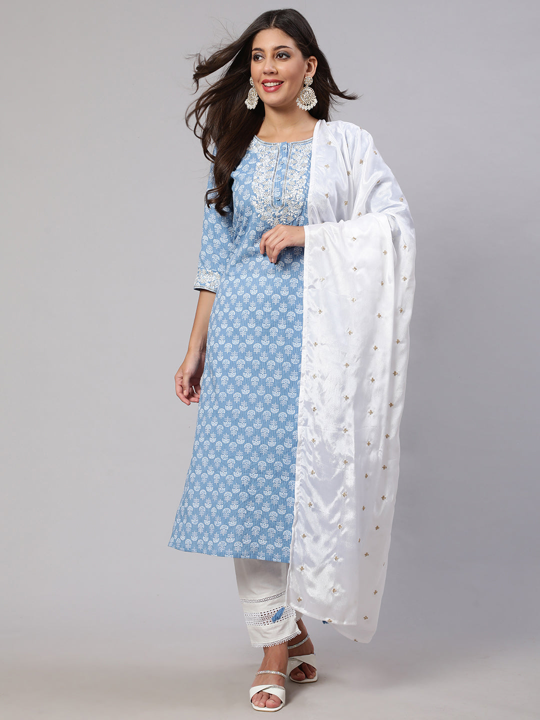 Women's Blue Embroidered Straight Kurta With Trouser And Dupatta